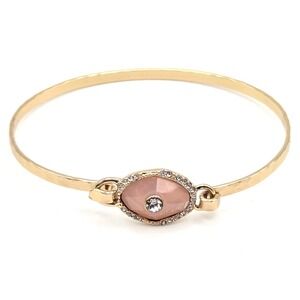 Avon Gold Tone Pink Resin Oval Rhinestone Hammered Bangle Bracelet Vintage
